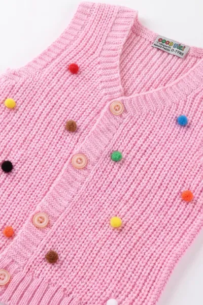 Pembe (0-5 Yaş) Ponpon Süslü Düğmeli Kız Çocuk Yelek 474488