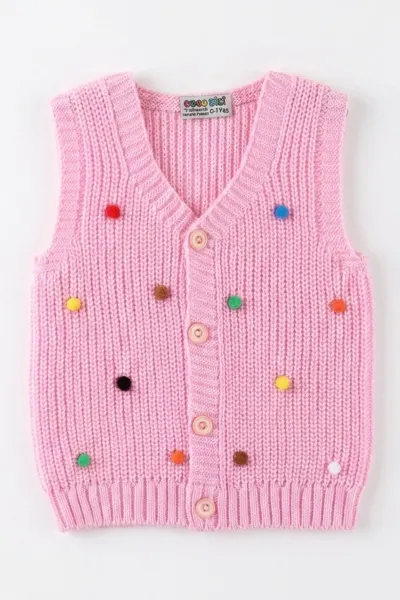 Pembe (0-5 Yaş) Ponpon Süslü Düğmeli Kız Çocuk Yelek 474488