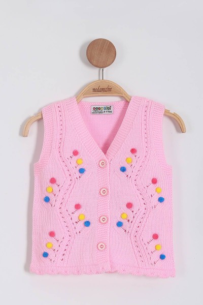 Pembe (0-5 Yaş) Renkli Ponponlu Kız Çocuk Hırka Yelek 197398