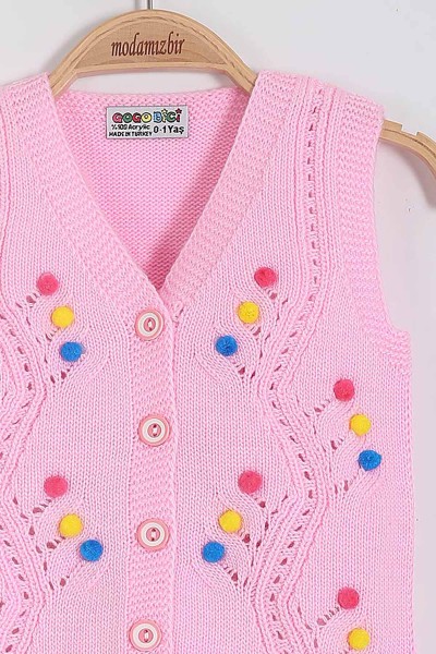 Pembe (0-5 Yaş) Renkli Ponponlu Kız Çocuk Hırka Yelek 197398