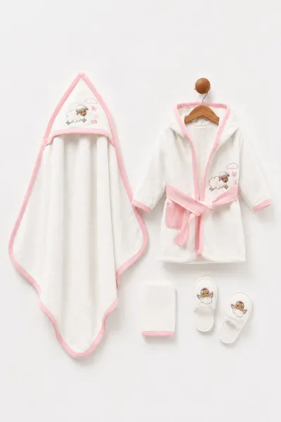Pembe (0-6 Ay)  4 Parça Kuzu Nakışlı   Kız Bebek Kutulu  Bornoz Seti 476648
