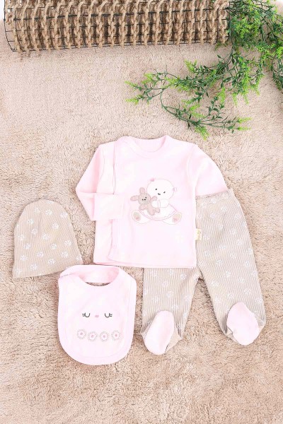 Pembe (0-6 Ay) Ayı Nakışlı Çıtçıtlı 4 Lü Zıbın Takımı 171467
