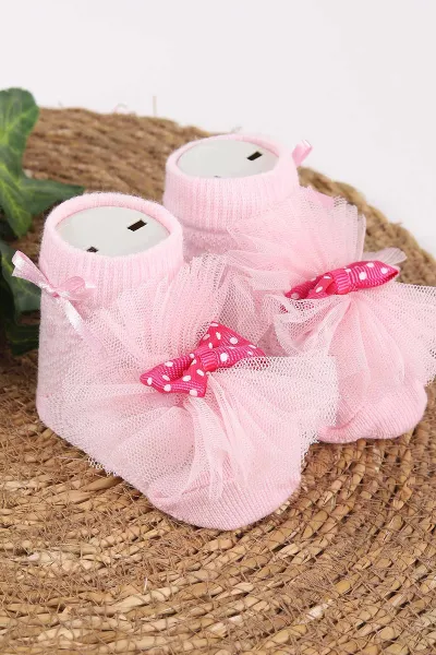Pembe (0-6 Ay) Fiyonk Aksesuarlı Tüllü  Kız Bebek Çorap 467441