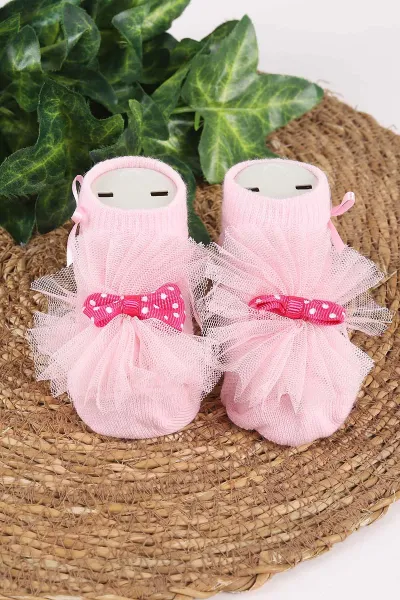 Pembe (0-6 Ay) Fiyonk Aksesuarlı Tüllü  Kız Bebek Çorap 467441
