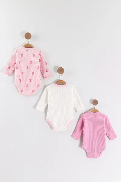 Pembe (0-6 Ay) Kalp Baskılı  Raporlu Uzun Kol 3'lü Kız Bebek Çıtçıtlı Badi 469242