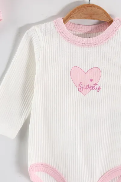 Pembe (0-6 Ay) Kalp Baskılı  Raporlu Uzun Kol 3'lü Kız Bebek Çıtçıtlı Badi 469242