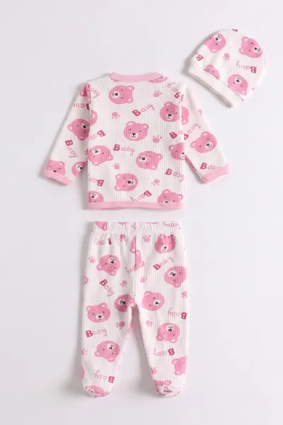 Pembe (0-6 Ay) Koala Baskılı Patikli Şapkalı  Raporlu Bebek Zıbın Seti 477329