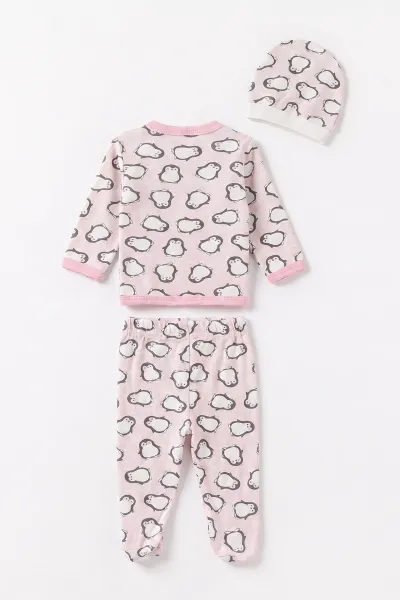 Pembe (0-6 Ay) Penguen Baskılı Patikli Şapkalı Bebek Zıbın Seti 477326