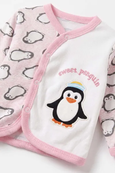 Pembe (0-6 Ay) Penguen Baskılı Patikli Şapkalı Bebek Zıbın Seti 477326