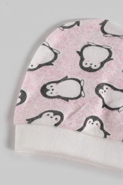 Pembe (0-6 Ay) Penguen Baskılı Patikli Şapkalı Bebek Zıbın Seti 477326