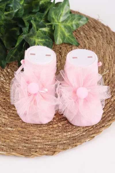 Pembe (0-6 Ay) Ponpon Aksesuarlı Kız Bebek Çorap 467432