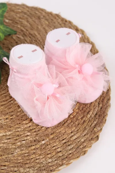 Pembe (0-6 Ay) Ponpon Aksesuarlı Kız Bebek Çorap 467432