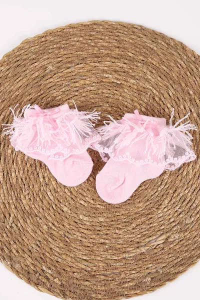 Pembe (0-6 Ay) Saçaklı ve Tüllü Kız Bebek Çorap 467419