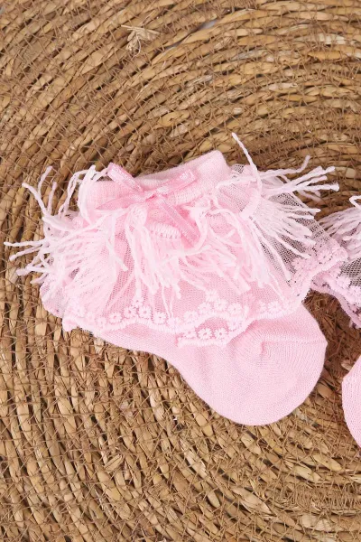 Pembe (0-6 Ay) Saçaklı ve Tüllü Kız Bebek Çorap 467419