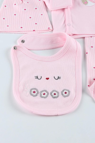 Pembe (0-6 Ay) Tavşan Ayı Nakışlı Çiçek Baskılı Kız Bebe Takım 201160