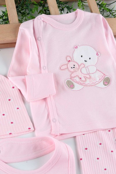 Pembe (0-6 Ay) Tavşan Ayı Nakışlı Çiçek Baskılı Kız Bebe Takım 201160