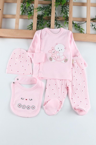 Pembe (0-6 Ay) Tavşan Ayı Nakışlı Çiçek Baskılı Kız Bebe Takım 201160