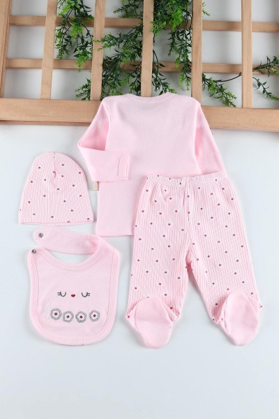 Pembe (0-6 Ay) Tavşan Ayı Nakışlı Çiçek Baskılı Kız Bebe Takım 201160
