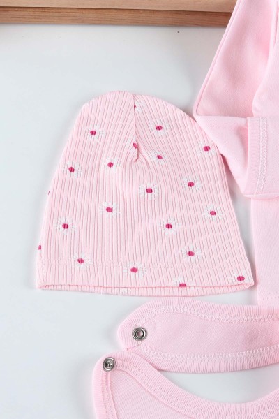 Pembe (0-6 Ay) Tavşan Ayı Nakışlı Çiçek Baskılı Kız Bebe Takım 201160