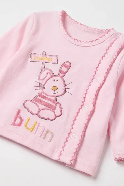 Pembe (0-6 Ay) Tavşan Nakışlı Penye Bebek Zıbın Seti 500431