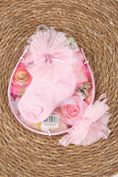 Pembe (0-6 Ay) Tüllü Fiyonklu Kız Bebek Taç ve Çorap Seti 467507
