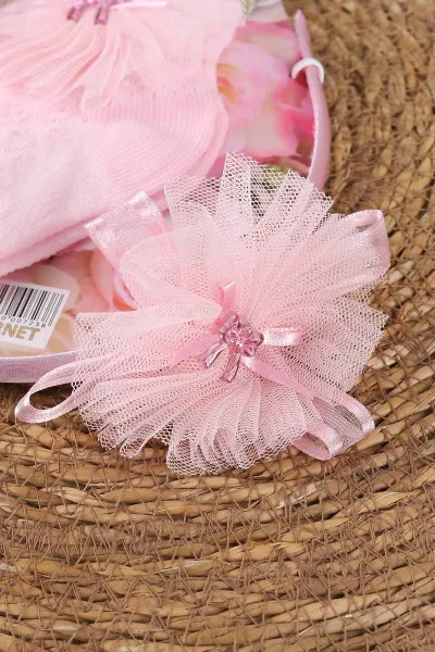 Pembe (0-6 Ay) Tüllü Fiyonklu Kız Bebek Taç ve Çorap Seti 467507