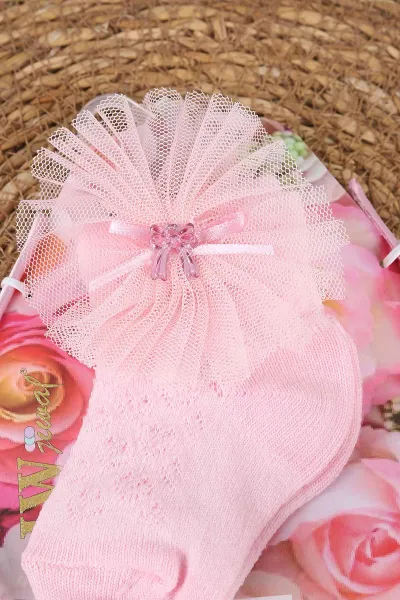 Pembe (0-6 Ay) Tüllü Fiyonklu Kız Bebek Taç ve Çorap Seti 467507