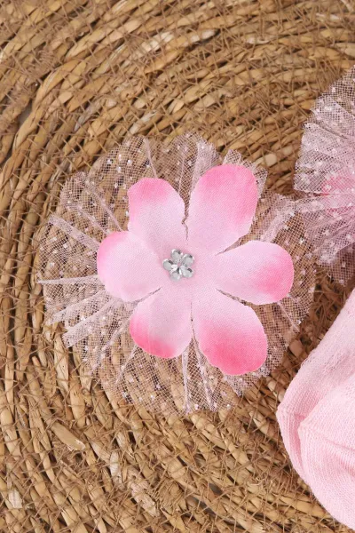 Pembe (0-6 Ay)Çiçek Üzeri Taşlı Tüllü Kız Bebek Çorap 467388