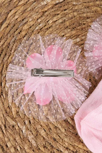 Pembe (0-6 Ay)Çiçek Üzeri Taşlı Tüllü Kız Bebek Çorap 467388