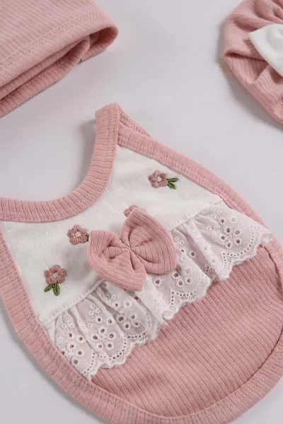 Pembe (0-6 Ay)Süslü Fiyonklu Ayı Nakışlı Yenidoğan Kız Bebek 10'lu Zıbın ve Hastane Çıkış Setleri 475490