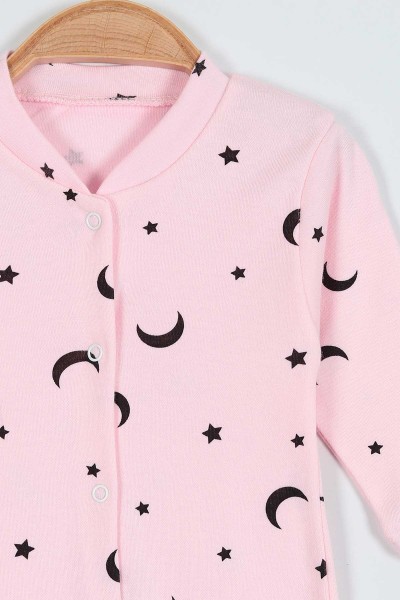 Pembe (0-9 Ay) Ay Yıldız Desenli Çıtçıtlı Kız Bebe Tulum 203406