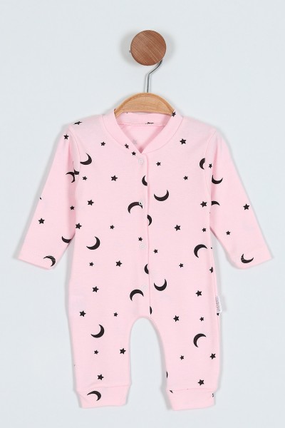 Pembe (0-9 Ay) Ay Yıldız Desenli Çıtçıtlı Kız Bebe Tulum 203406