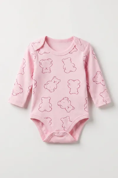 Pembe (0-9 Ay) Ayı Desenli Bebek Çıtçıtlı Badi 482278