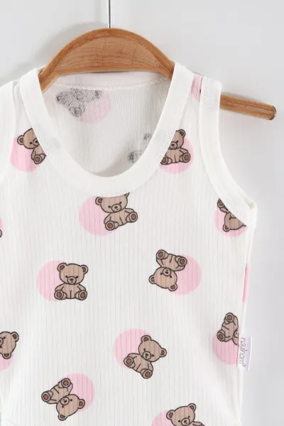 Pembe (0-9 Ay) Ayıcık Baskılı Puantiye Desen Unisex Bebek Çıtçıtlı Badi 441437