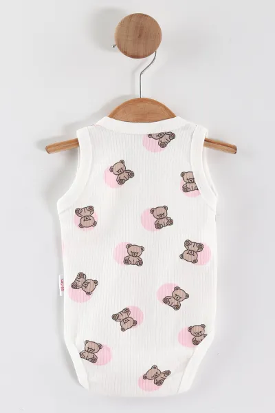 Pembe (0-9 Ay) Ayıcık Baskılı Puantiye Desen Unisex Bebek Çıtçıtlı Badi 441437
