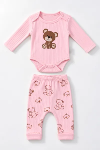 Pembe (0-9 Ay) Ayıcık Baskılı  Raporlu  Bebek Takım 480474
