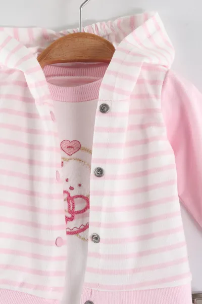 Pembe (0-9 Ay) Ayıcık Nakışlı Kapüşonlu Hırkalı Kız Bebek 3'lü Takım 449178