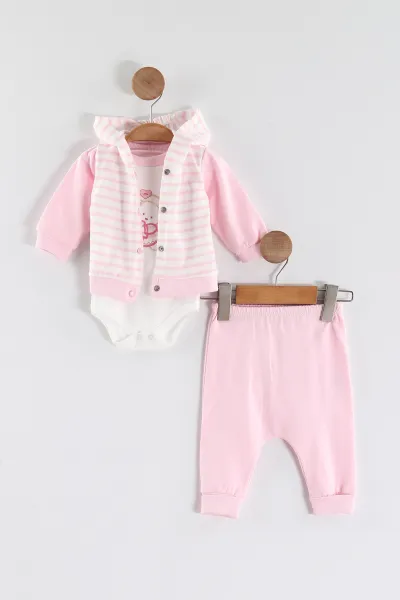 Pembe (0-9 Ay) Ayıcık Nakışlı Kapüşonlu Hırkalı Kız Bebek 3'lü Takım 449178
