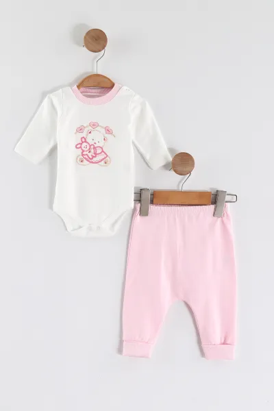 Pembe (0-9 Ay) Ayıcık Nakışlı Kapüşonlu Hırkalı Kız Bebek 3'lü Takım 449178