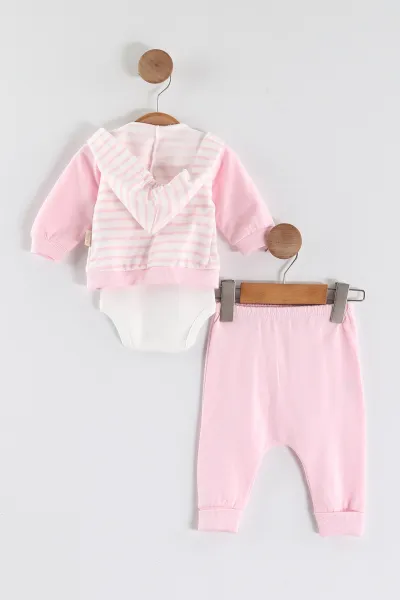 Pembe (0-9 Ay) Ayıcık Nakışlı Kapüşonlu Hırkalı Kız Bebek 3'lü Takım 449178