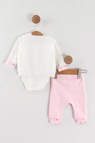 Pembe (0-9 Ay) Ayıcık Nakışlı  Zıbınlı Triko Hırkalı Kız Bebek 3'lü Takım 456389