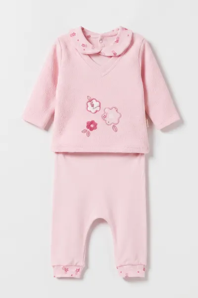 Pembe (0-9 Ay) Çiçek Nakışlı Bebe Yaka Kız Bebek 2'li Takım 477051