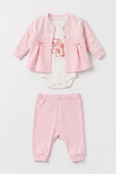 Pembe (0-9 Ay) Çiçek Nakışlı Zıbınlı Hırkalı 3'lü Kız Bebek Takım  475951