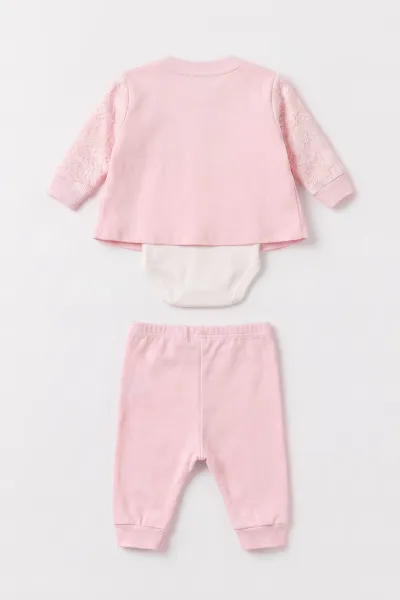 Pembe (0-9 Ay) Çiçek Nakışlı Zıbınlı Hırkalı 3'lü Kız Bebek Takım  475951