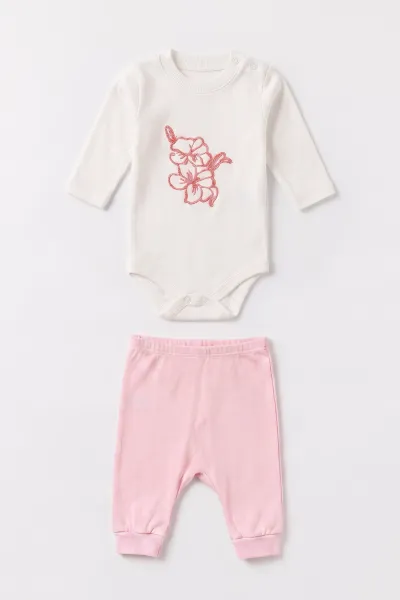 Pembe (0-9 Ay) Çiçek Nakışlı Zıbınlı Hırkalı 3'lü Kız Bebek Takım  475951