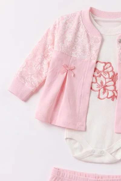Pembe (0-9 Ay) Çiçek Nakışlı Zıbınlı Hırkalı 3'lü Kız Bebek Takım  475951