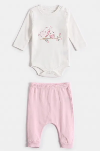 Pembe (0-9 Ay) Çiçekli Kuş Nakışlı Kapüşonlu 3'lü Kız Bebek Takım 476059