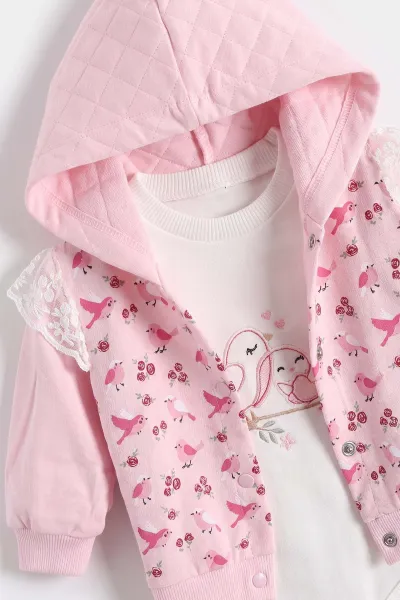 Pembe (0-9 Ay) Çiçekli Kuş Nakışlı Kapüşonlu 3'lü Kız Bebek Takım 476059