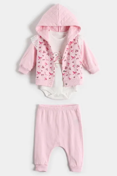 Pembe (0-9 Ay) Çiçekli Kuş Nakışlı Kapüşonlu 3'lü Kız Bebek Takım 476059
