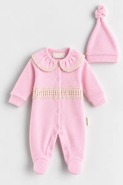 Pembe (0-9 Ay)  Fisto Yakalı  Waffle Kumaş Çıtçıtlı Şapkalı Kız Bebek Tulum 486979